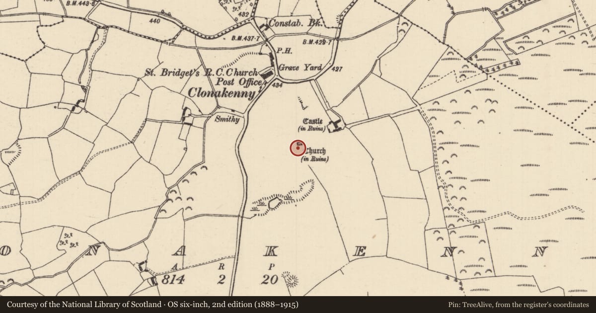 Ordnance Survey six-inch map, 2nd edition (1888–1915) covering the location of Field system, Clonakenny, County Tipperary North, with a pin at the register's coordinates