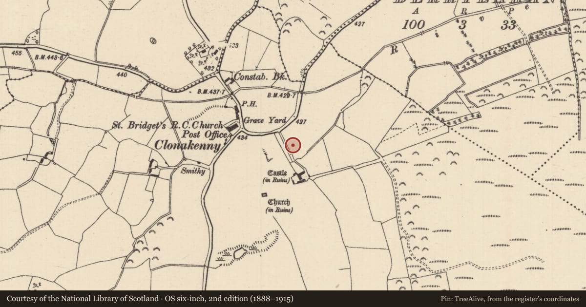Ordnance Survey six-inch map, 2nd edition (1888–1915) covering the location of Settlement deserted - medieval, Clonakenny, County Tipperary North, with a pin at the register's coordinates