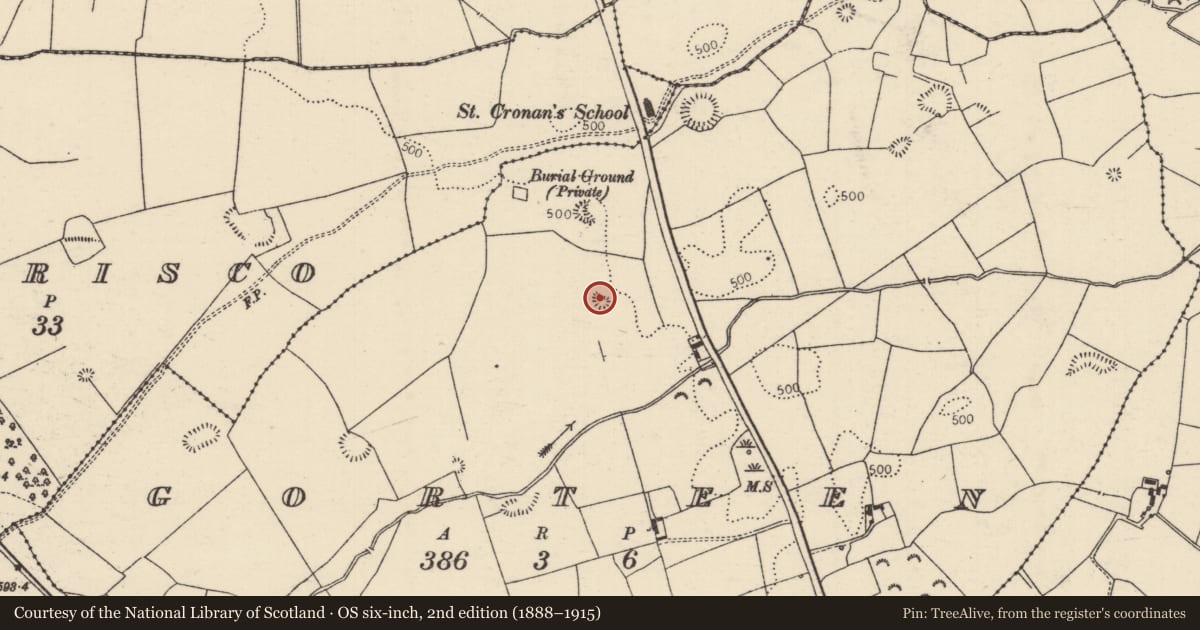 Ordnance Survey six-inch map, 2nd edition (1888–1915) covering the location of Ritual site - holy well, Gorteen (Bourney Par.), County Tipperary North, with a pin at the register's coordinates