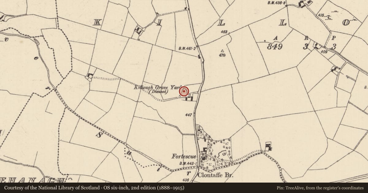 Ordnance Survey six-inch map, 2nd edition (1888–1915) covering the location of Ecclesiastical enclosure, Killough (Templemore Par.), County Tipperary North, with a pin at the register's coordinates