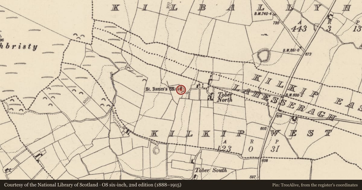 Ordnance Survey six-inch map, 2nd edition (1888–1915) covering the location of Ritual site - holy well, Kilkip West, County Tipperary North, with a pin at the register's coordinates