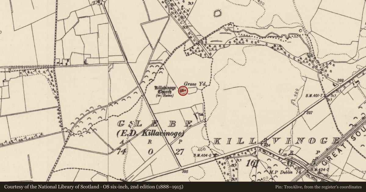 Ordnance Survey six-inch map, 2nd edition (1888–1915) covering the location of Church, Glebe (Killavinoge Par.), County Tipperary North, with a pin at the register's coordinates