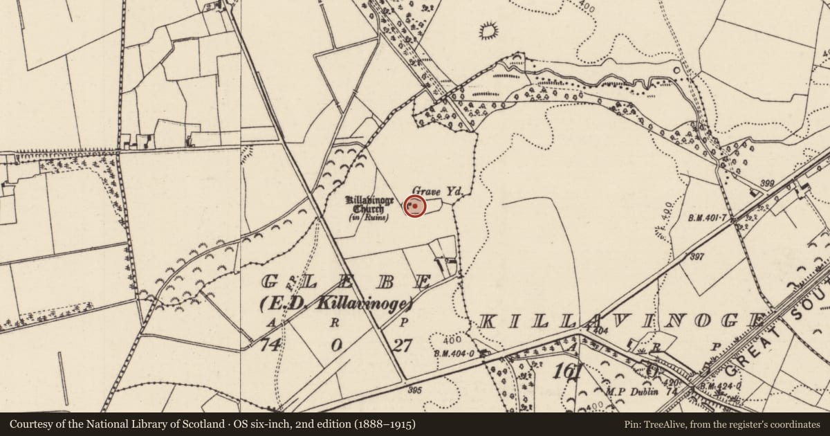 Ordnance Survey six-inch map, 2nd edition (1888–1915) covering the location of Graveyard, Glebe (Killavinoge Par.), County Tipperary North, with a pin at the register's coordinates