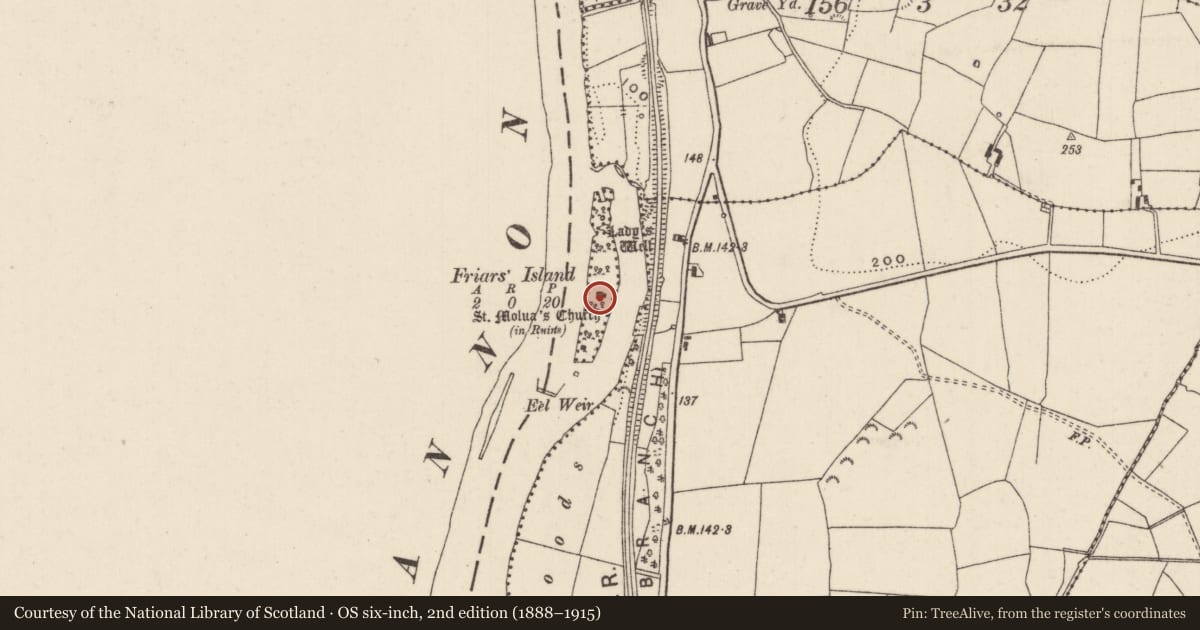 Ordnance Survey six-inch map, 2nd edition (1888–1915) covering the location of Burial ground, Friars Island, County Tipperary North, with a pin at the register's coordinates