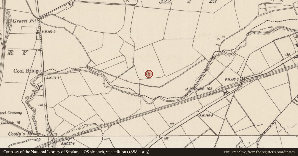 Ordnance Survey six-inch map, 2nd edition (1888–1915) covering the location of Enclosure, Knockadromin, County Tipperary North, with a pin at the register's coordinates