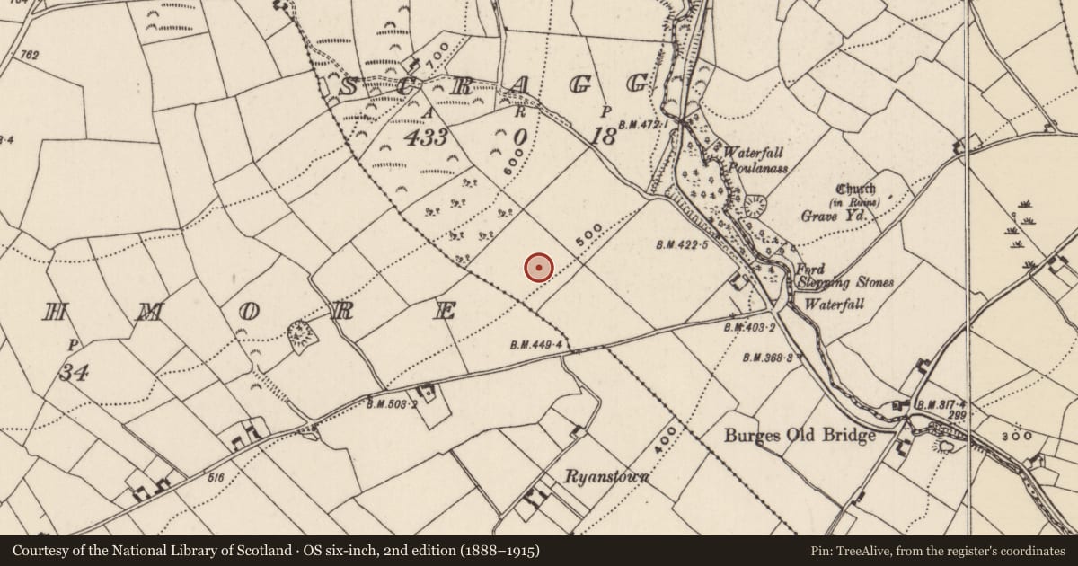 Ordnance Survey six-inch map, 2nd edition (1888–1915) covering the location of Enclosure, Scragg, County Tipperary North, with a pin at the register's coordinates