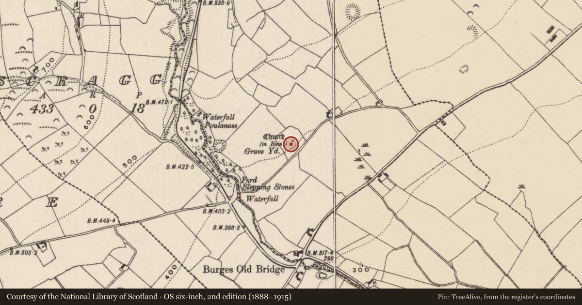 Ordnance Survey six-inch map, 2nd edition (1888–1915) covering the location of Sheela-na-gig, Burgesbeg, County Tipperary North, with a pin at the register's coordinates