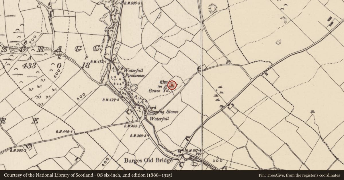 Ordnance Survey six-inch map, 2nd edition (1888–1915) covering the location of Graveyard, Burgesbeg, County Tipperary North, with a pin at the register's coordinates