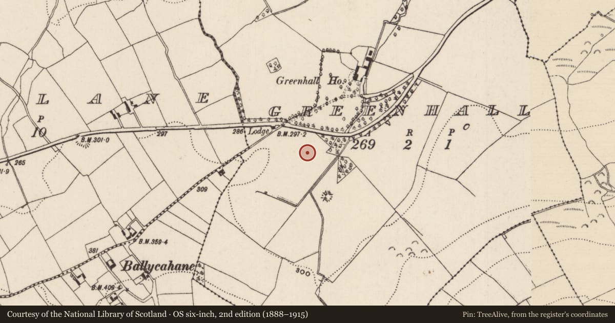 Ordnance Survey six-inch map, 2nd edition (1888–1915) covering the location of Fulacht fia, Greenhall, County Tipperary North, with a pin at the register's coordinates