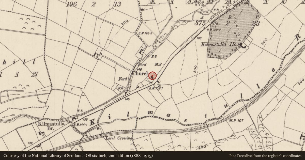 Ordnance Survey six-inch map, 2nd edition (1888–1915) covering the location of Graveyard, Kilmastulla, County Tipperary North, with a pin at the register's coordinates