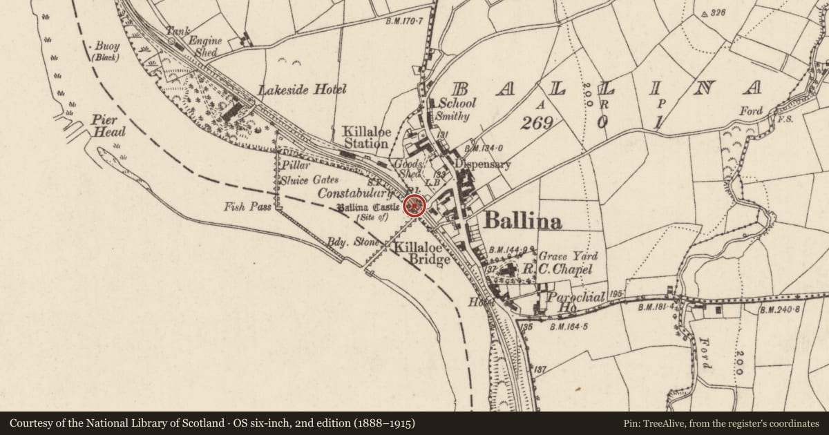Ordnance Survey six-inch map, 2nd edition (1888–1915) covering the location of Castle - tower house, Ballina, Cullenagh (Templeachally Par.), County Tipperary North, with a pin at the register's coordinates