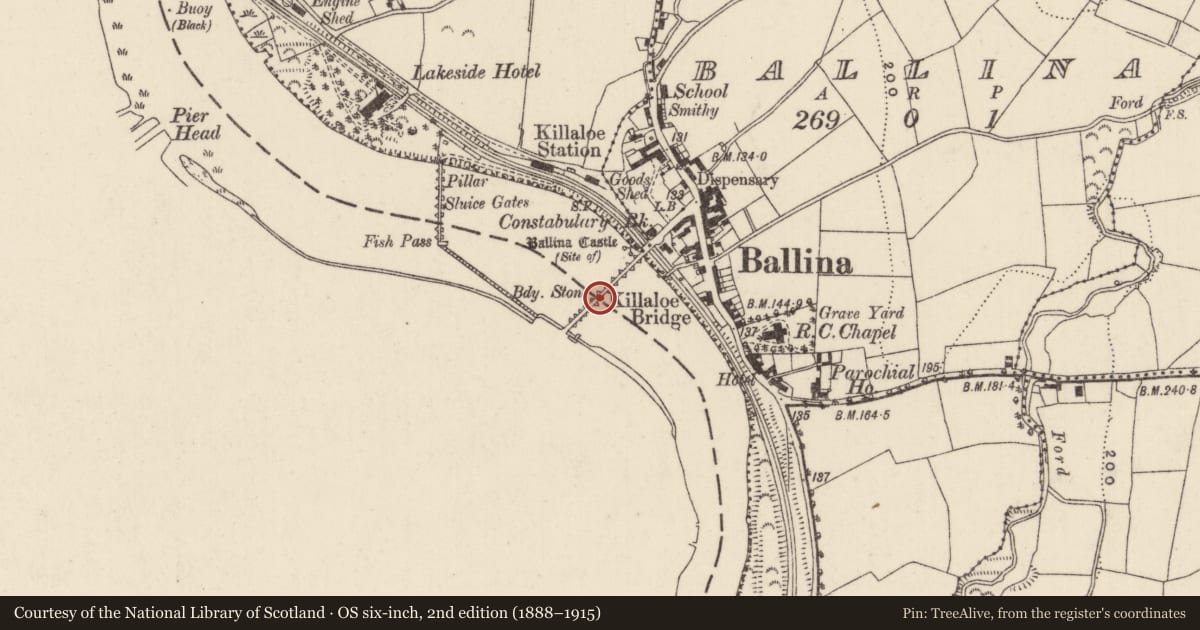 Ordnance Survey six-inch map, 2nd edition (1888–1915) covering the location of Weir - regulating, Ballina, Cullenagh (Templeachally Par.), County Tipperary North, with a pin at the register's coordinates