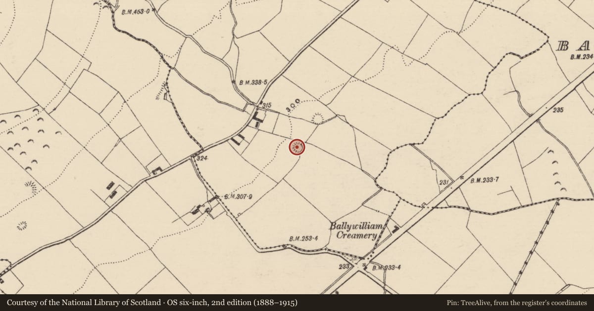 Ordnance Survey six-inch map, 2nd edition (1888–1915) covering the location of Enclosure, Carriggal, County Tipperary North, with a pin at the register's coordinates