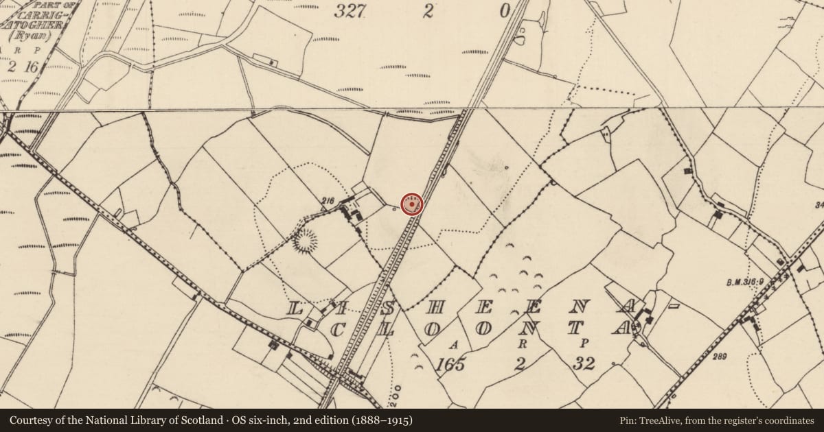 Ordnance Survey six-inch map, 2nd edition (1888–1915) covering the location of Enclosure, Monaroan, County Tipperary North, with a pin at the register's coordinates