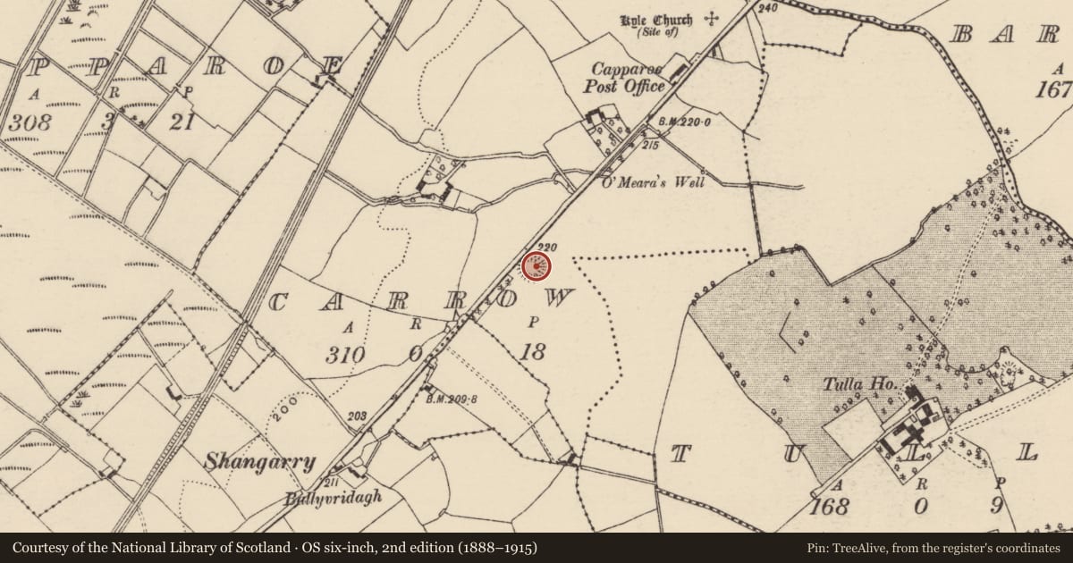 Ordnance Survey six-inch map, 2nd edition (1888–1915) covering the location of Enclosure, Carrow (Kilmore Par.), County Tipperary North, with a pin at the register's coordinates