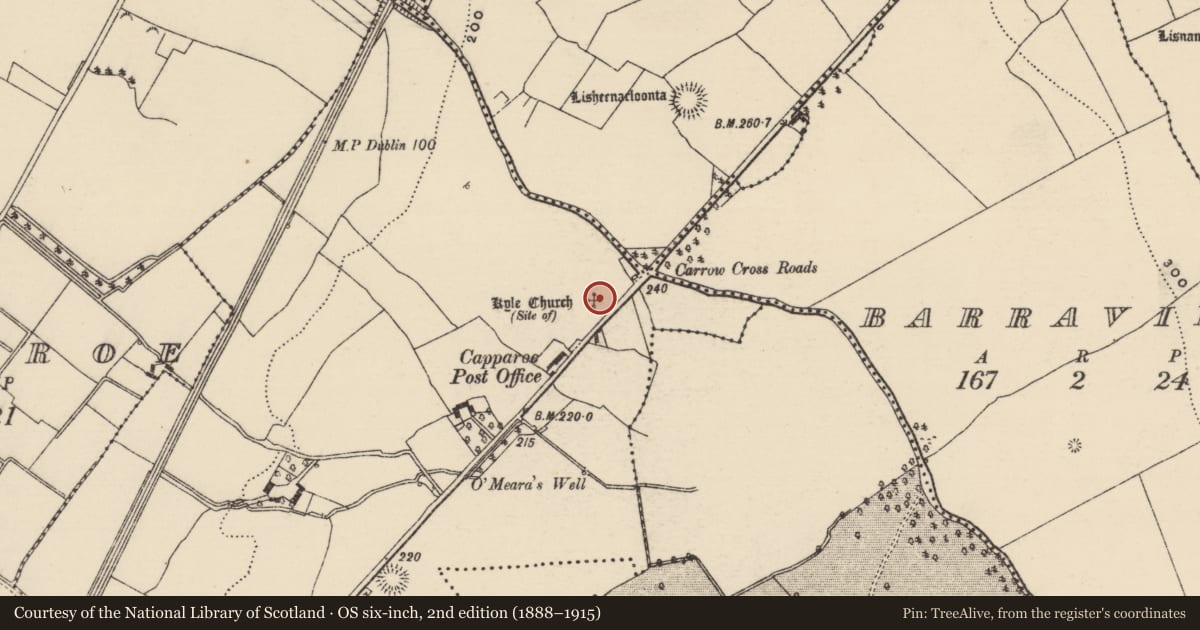 Ordnance Survey six-inch map, 2nd edition (1888–1915) covering the location of Church, Carrow (Kilmore Par.), County Tipperary North, with a pin at the register's coordinates