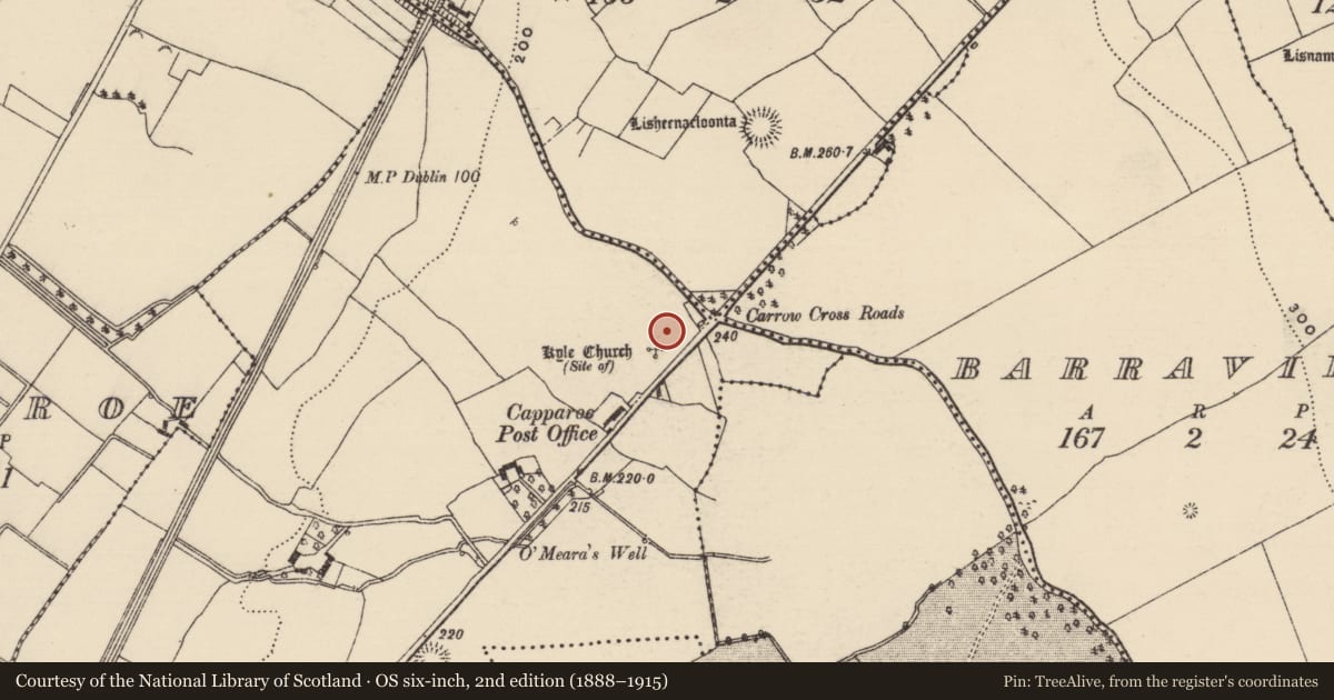 Ordnance Survey six-inch map, 2nd edition (1888–1915) covering the location of Children's burial ground, Carrow (Kilmore Par.), County Tipperary North, with a pin at the register's coordinates