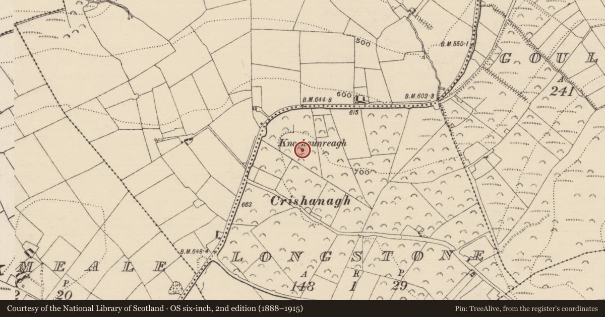 Ordnance Survey six-inch map, 2nd edition (1888–1915) covering the location of Barrow - ring-barrow, Longstone (Killoscully Par.), County Tipperary North, with a pin at the register's coordinates