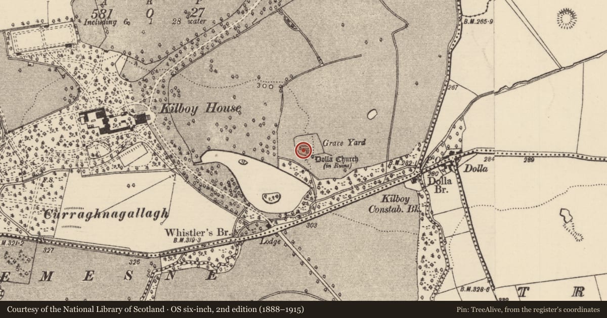 Ordnance Survey six-inch map, 2nd edition (1888–1915) covering the location of Church, Kilboy (Kilmore Par., North Riding), County Tipperary North, with a pin at the register's coordinates