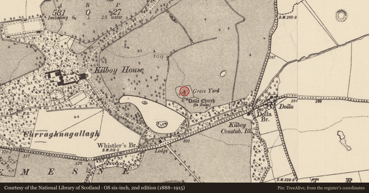 Ordnance Survey six-inch map, 2nd edition (1888–1915) covering the location of Graveyard, Kilboy (Kilmore Par., North Riding), County Tipperary North, with a pin at the register's coordinates