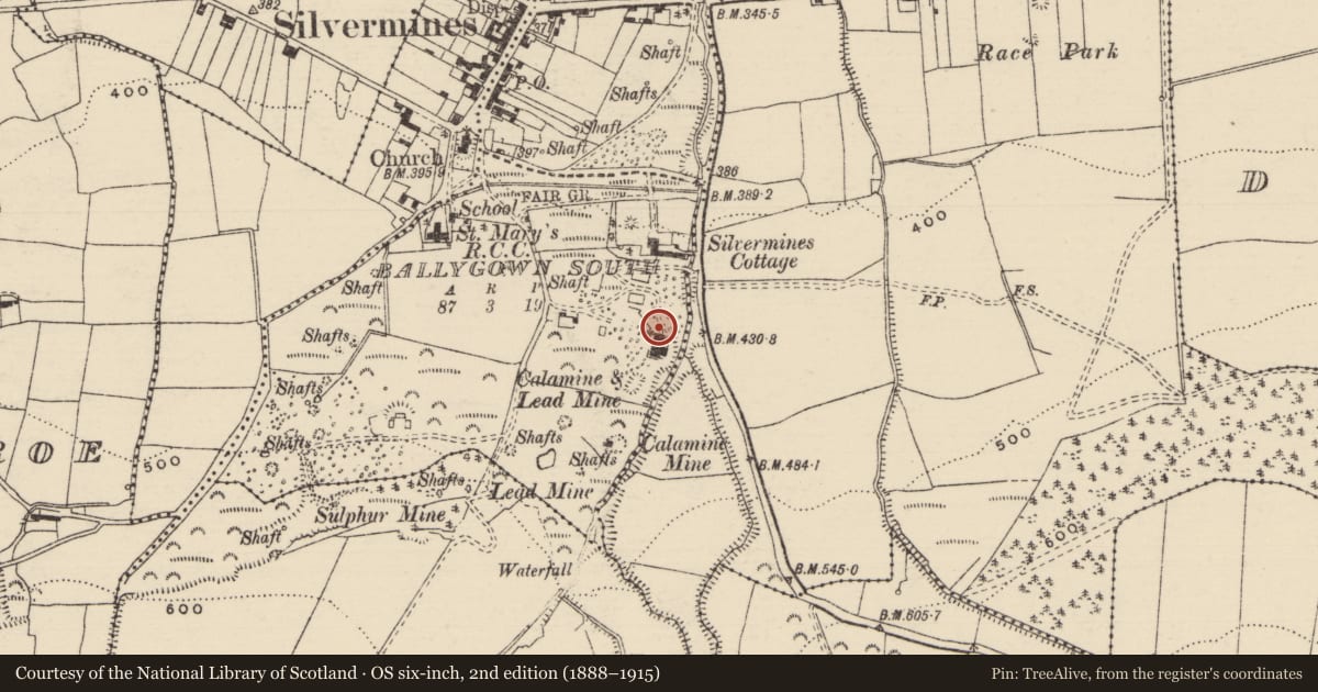Ordnance Survey six-inch map, 2nd edition (1888–1915) covering the location of Mine, County Tipperary North, with a pin at the register's coordinates