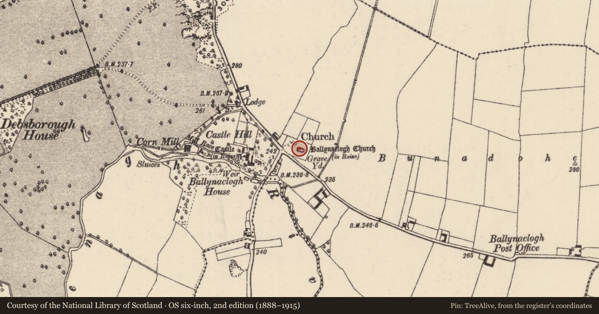 Ordnance Survey six-inch map, 2nd edition (1888–1915) covering the location of Church, Ballynaclogh, County Tipperary North, with a pin at the register's coordinates
