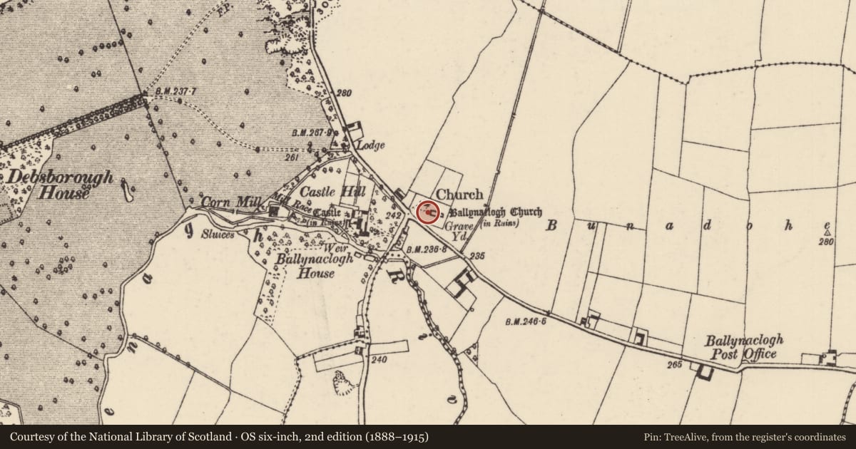 Ordnance Survey six-inch map, 2nd edition (1888–1915) covering the location of Sheela-na-gig, Ballynaclogh, County Tipperary North, with a pin at the register's coordinates