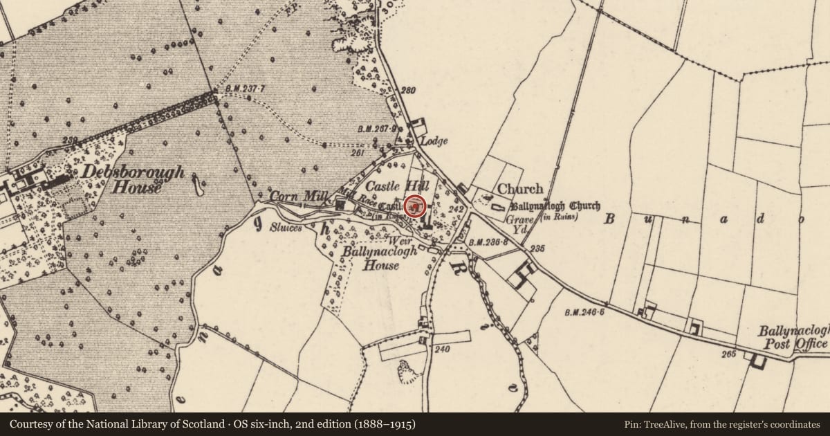 Ordnance Survey six-inch map, 2nd edition (1888–1915) covering the location of House - indeterminate date, Ballynaclogh, County Tipperary North, with a pin at the register's coordinates