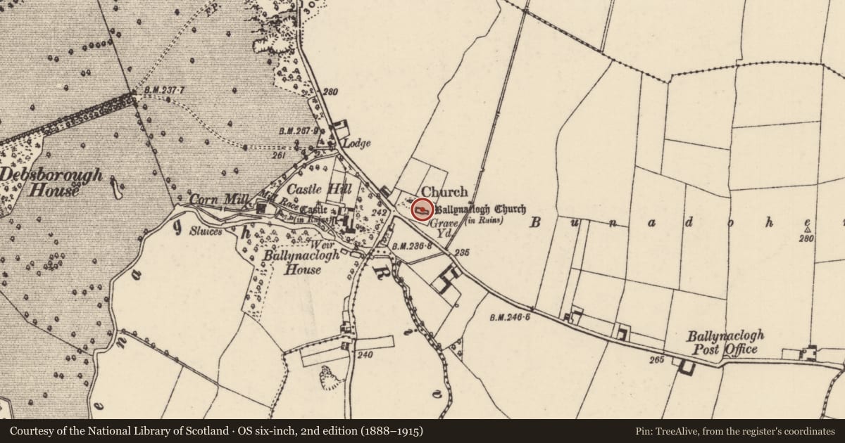 Ordnance Survey six-inch map, 2nd edition (1888–1915) covering the location of Graveslab, Ballynaclogh, County Tipperary North, with a pin at the register's coordinates