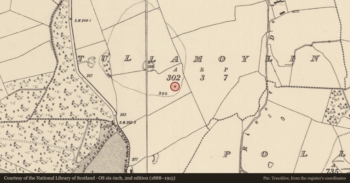 Ordnance Survey six-inch map, 2nd edition (1888–1915) covering the location of Earthwork, Tullamoylin (Dolla Par.), County Tipperary North, with a pin at the register's coordinates