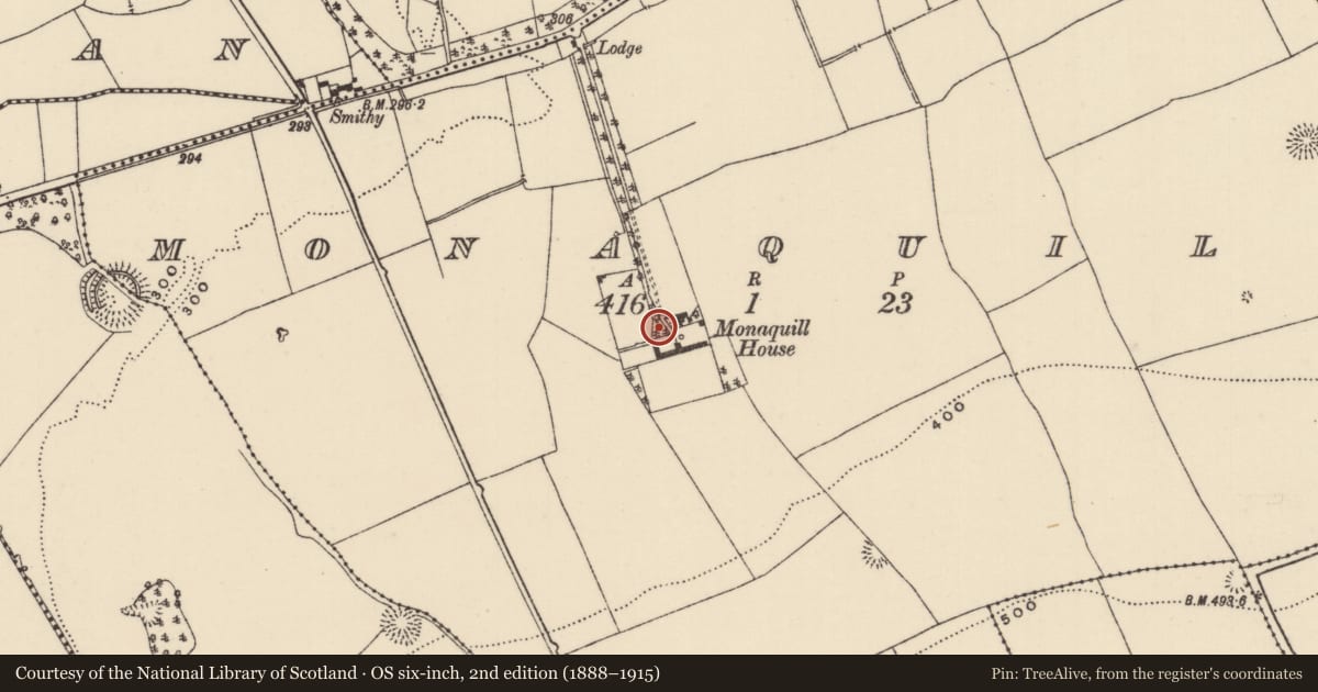 Ordnance Survey six-inch map, 2nd edition (1888–1915) covering the location of Castle - unclassified, Monaquill, County Tipperary North, with a pin at the register's coordinates