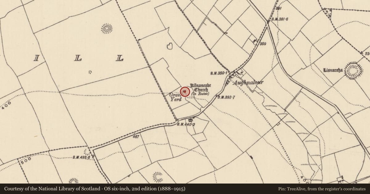 Ordnance Survey six-inch map, 2nd edition (1888–1915) covering the location of Church, Kilnaneave, County Tipperary North, with a pin at the register's coordinates