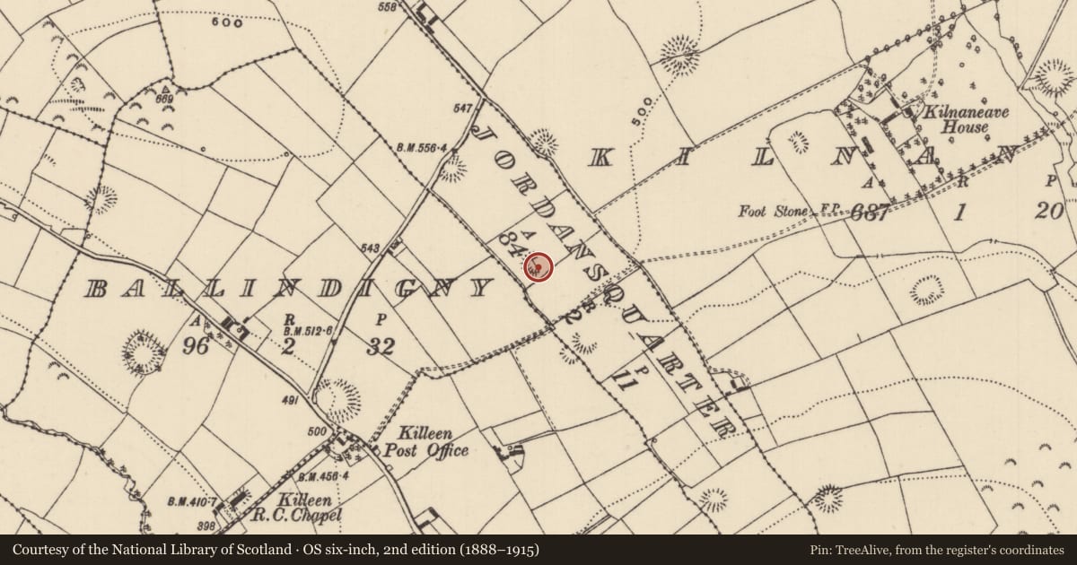 Ordnance Survey six-inch map, 2nd edition (1888–1915) covering the location of Ringfort - rath, Jordansquarter, County Tipperary North, with a pin at the register's coordinates