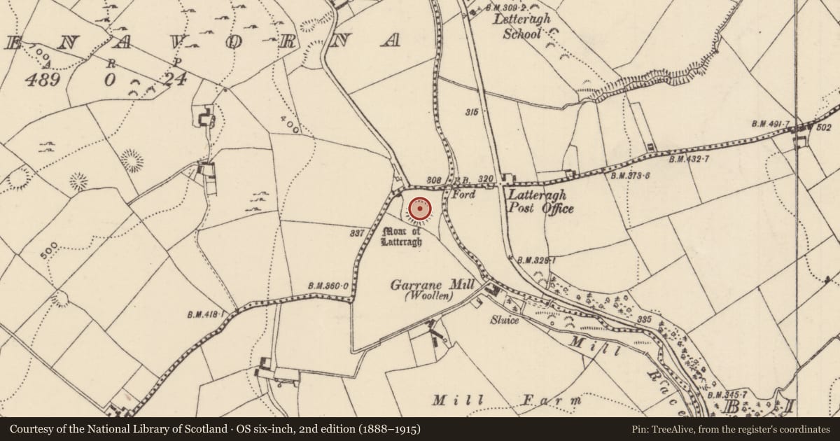 Ordnance Survey six-inch map, 2nd edition (1888–1915) covering the location of Castle - motte, Lackenavorna, County Tipperary North, with a pin at the register's coordinates