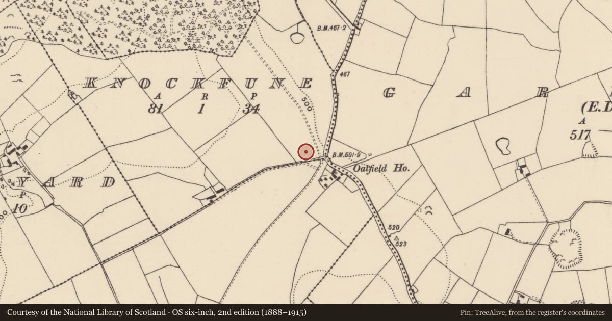 Ordnance Survey six-inch map, 2nd edition (1888–1915) covering the location of Enclosure, Knockfune (Aghnameadle Par.), County Tipperary North, with a pin at the register's coordinates