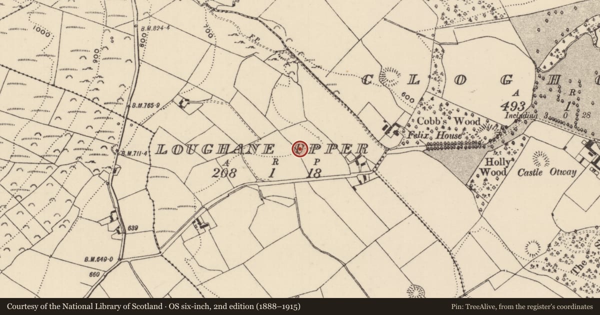 Ordnance Survey six-inch map, 2nd edition (1888–1915) covering the location of Earthwork, Loughane Upper, County Tipperary North, with a pin at the register's coordinates