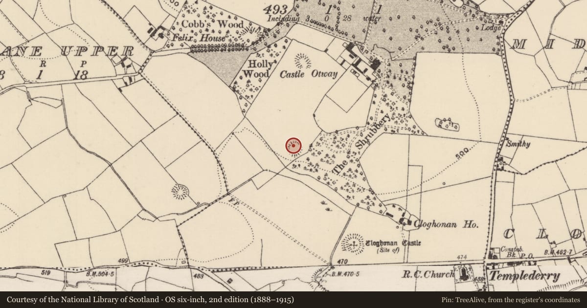 Ordnance Survey six-inch map, 2nd edition (1888–1915) covering the location of Ringfort - rath, Cloghonan, County Tipperary North, with a pin at the register's coordinates