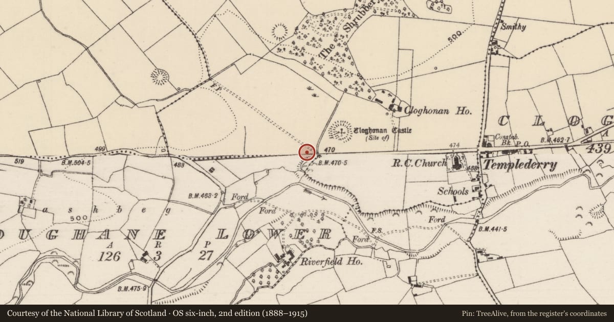 Ordnance Survey six-inch map, 2nd edition (1888–1915) covering the location of Earthwork, Cloghonan, County Tipperary North, with a pin at the register's coordinates