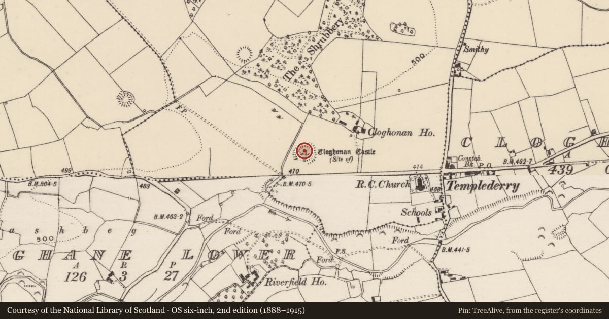Ordnance Survey six-inch map, 2nd edition (1888–1915) covering the location of Castle - unclassified, Cloghonan, County Tipperary North, with a pin at the register's coordinates