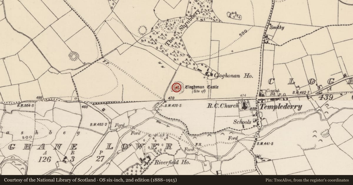 Ordnance Survey six-inch map, 2nd edition (1888–1915) covering the location of Ringfort - rath, Cloghonan, County Tipperary North, with a pin at the register's coordinates