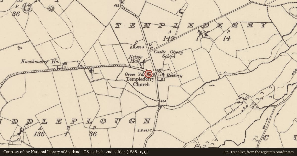 Ordnance Survey six-inch map, 2nd edition (1888–1915) covering the location of Church, Templederry, County Tipperary North, with a pin at the register's coordinates