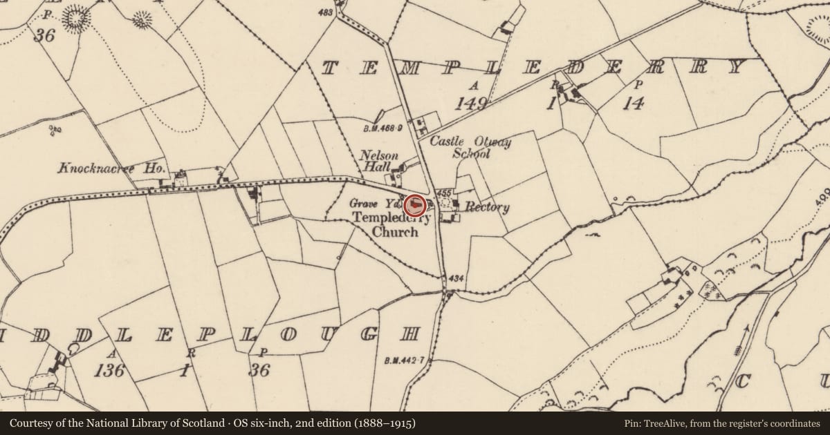Ordnance Survey six-inch map, 2nd edition (1888–1915) covering the location of Graveyard, Templederry, County Tipperary North, with a pin at the register's coordinates