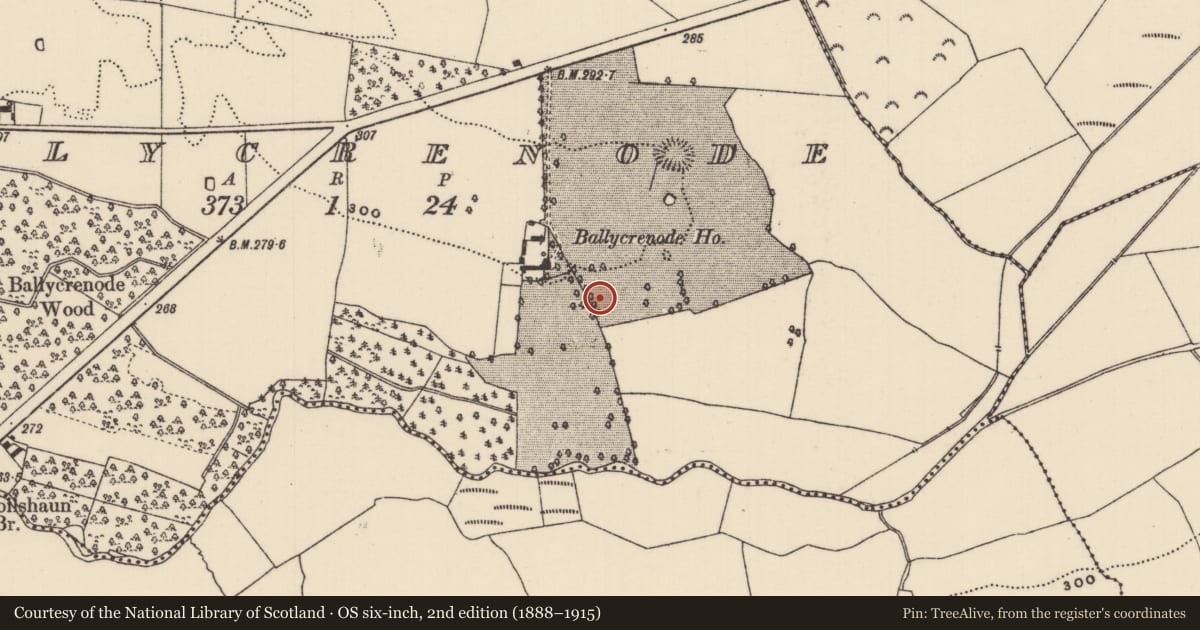 Ordnance Survey six-inch map, 2nd edition (1888–1915) covering the location of House - indeterminate date, Ballycrenode (Kilkeary Par.), County Tipperary North, with a pin at the register's coordinates