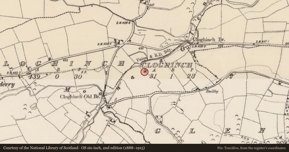Ordnance Survey six-inch map, 2nd edition (1888–1915) covering the location of Cross-inscribed stone, Cloghinch (Glenkeen Par.), County Tipperary North, with a pin at the register's coordinates