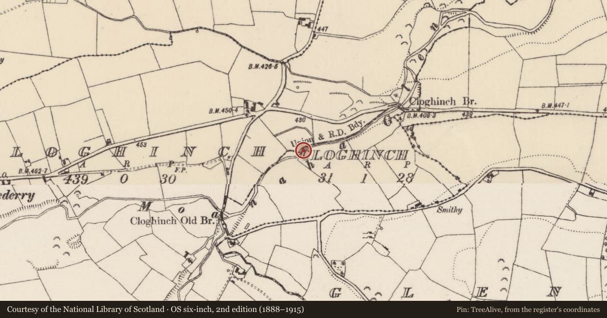 Ordnance Survey six-inch map, 2nd edition (1888–1915) covering the location of Bullaun stone (present location), Cloghinch (Glenkeen Par.), Cloghinch (Templederry Par.), County Tipperary North, with a pin at the register's coordinates
