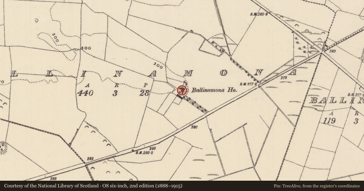 Ordnance Survey six-inch map, 2nd edition (1888–1915) covering the location of House - indeterminate date, Ballinamona (Kilkeary Par.), County Tipperary North, with a pin at the register's coordinates