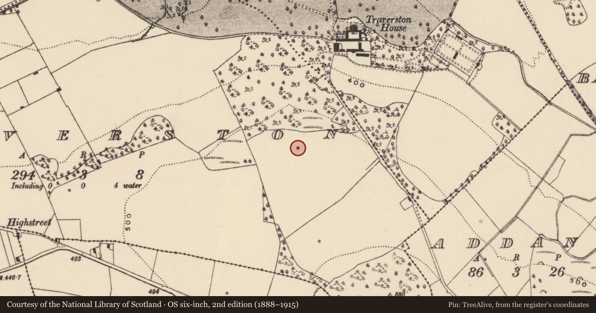 Ordnance Survey six-inch map, 2nd edition (1888–1915) covering the location of Moated site, Traverston, County Tipperary North, with a pin at the register's coordinates
