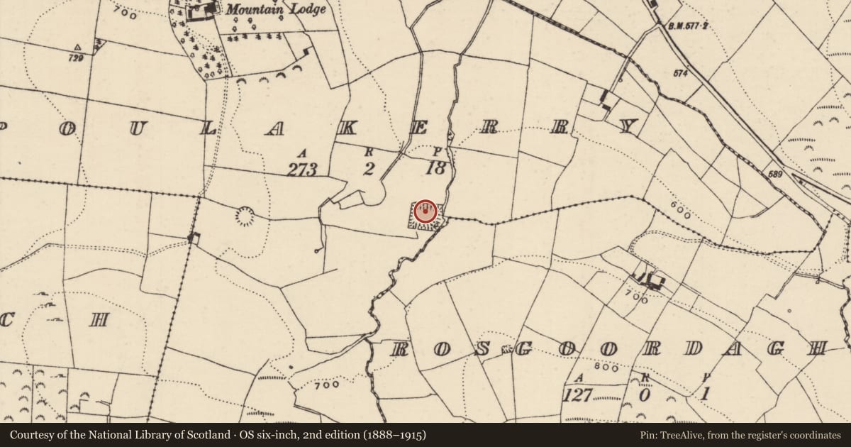 Ordnance Survey six-inch map, 2nd edition (1888–1915) covering the location of Moated site, Poulakerry (Kilkeary Par.), Rosgoordagh, County Tipperary North, with a pin at the register's coordinates