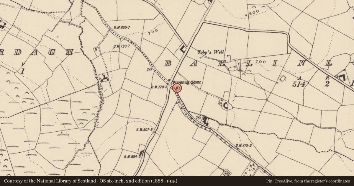 Ordnance Survey six-inch map, 2nd edition (1888–1915) covering the location of Barrow - ring-barrow, Ballinlough (Aghnameadle Par.), County Tipperary North, with a pin at the register's coordinates