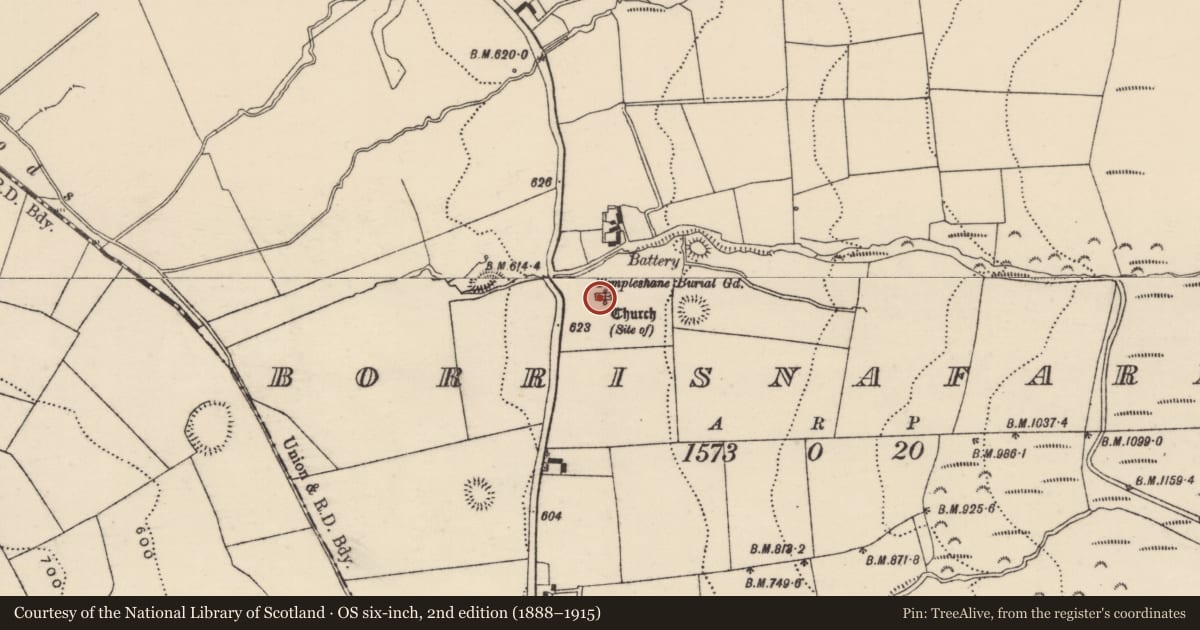 Ordnance Survey six-inch map, 2nd edition (1888–1915) covering the location of Graveyard, Borrisnafarney, County Tipperary North, with a pin at the register's coordinates